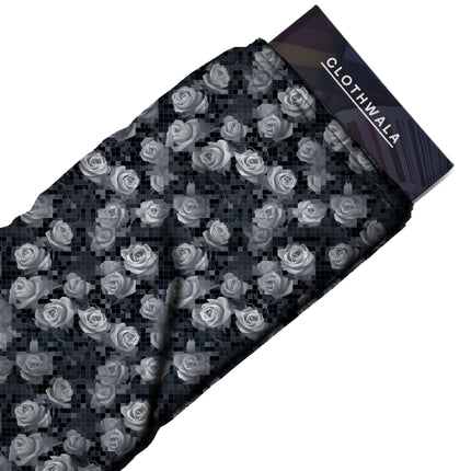 charcoal black floral print fabric draped — kurta set styling