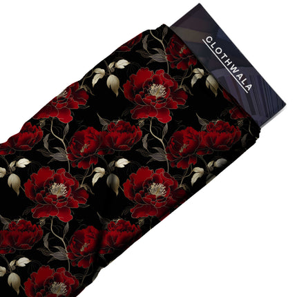 crimson red floral fabric detail — glossy finish digital print closeup