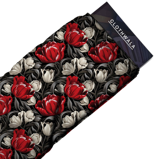 scarlet red floral print fabric draped — saree styling