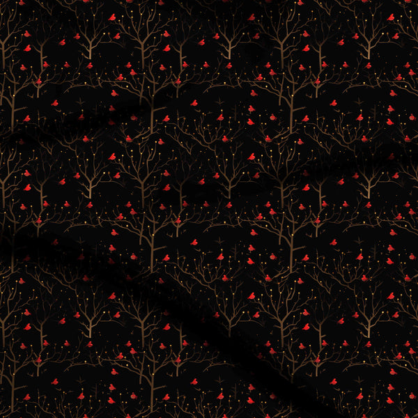 Jet Black Red Birds Perched Print Fabric