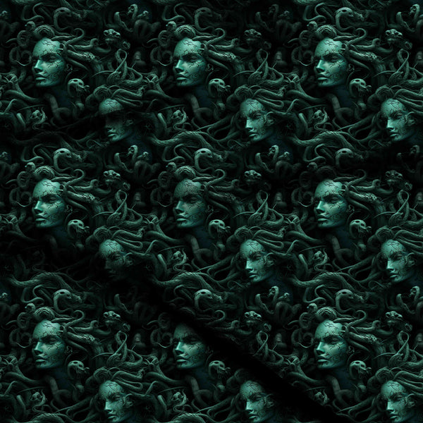 Veridian Green Intricate Medusa Faces Print Fabric