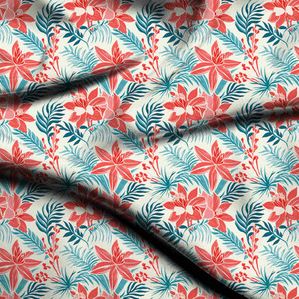 coral red tropical digital print fabric texture — large scale closeup