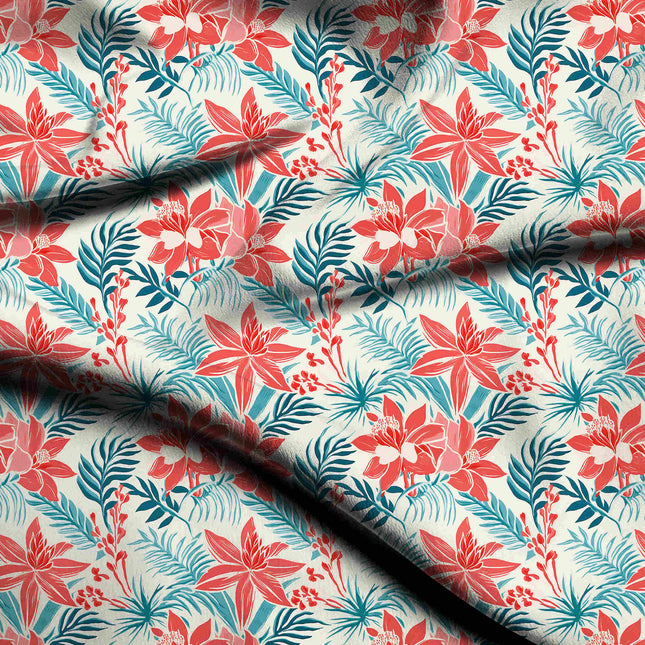 coral red tropical digital print fabric texture — large scale closeup
