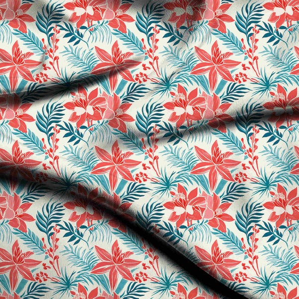 Coral Red Bold Painterly Tropical Florals Print Fabric