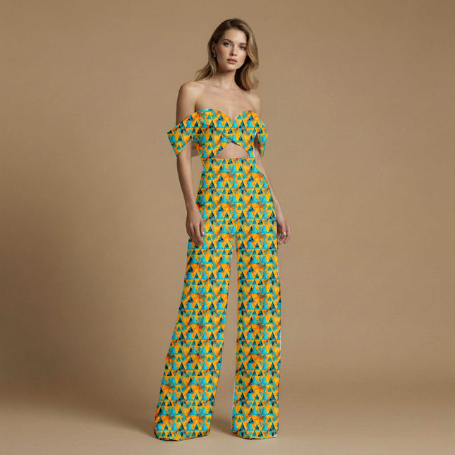 marigold orange geometric print fabric draped — jumpsuit styling