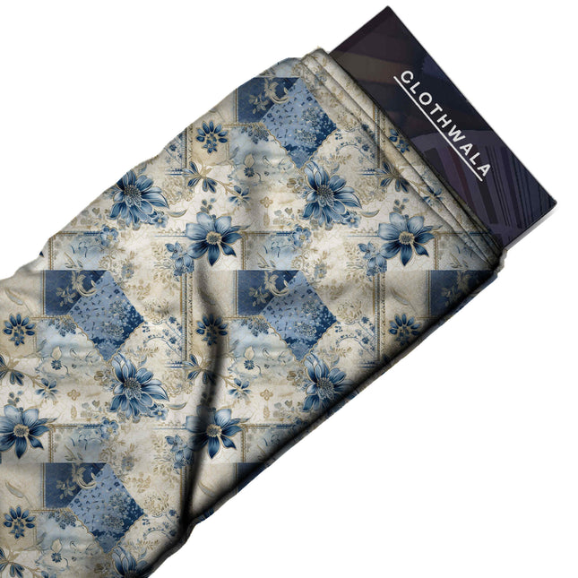 indigo blue floral print fabric draped — tiered skirt styling