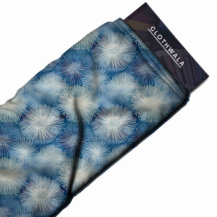 cobalt blue abstract print fabric draped — saree styling