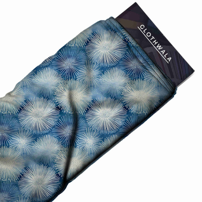 cobalt blue abstract print fabric draped — saree styling
