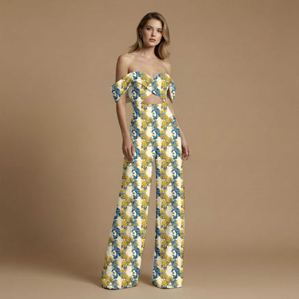 mustard yellow floral print fabric draped — palazzo suit styling