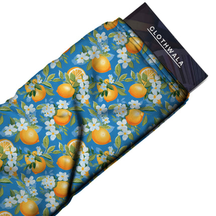 cerulean blue floral fabric detail — textured finish digital print closeup
