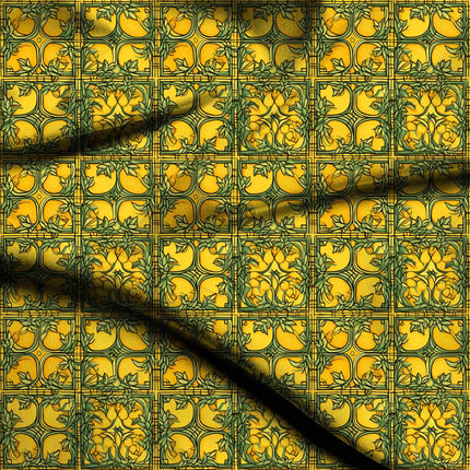 mustard yellow floral digital print fabric texture — large scale closeup