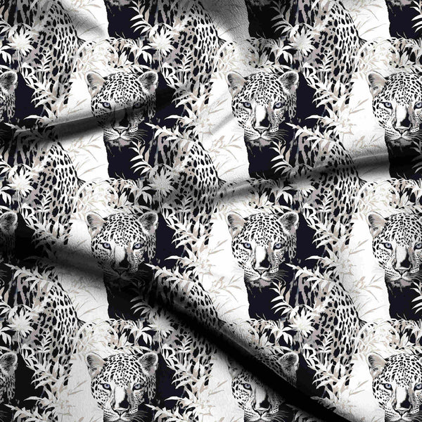 Jet Black High-contrast Snow Leopard Amidst Jungle Print Fabric