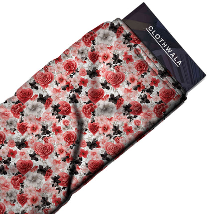 Crimson Red Floral Digital Print Fabric | Lehenga Dress Maxi | Romantic Garden Party - Image 2