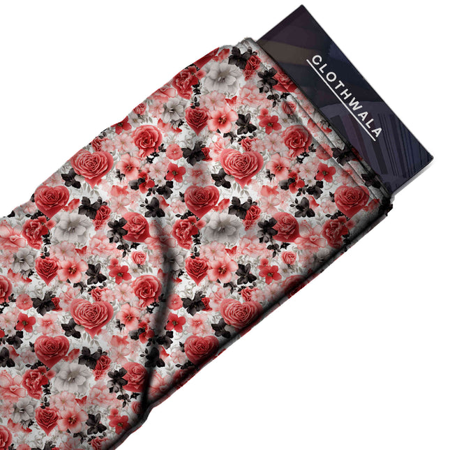 Crimson Red Floral Digital Print Fabric | Lehenga Dress Maxi | Romantic Garden Party - Image 2