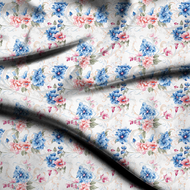 cornflower blue floral digital print fabric texture — medium scale closeup