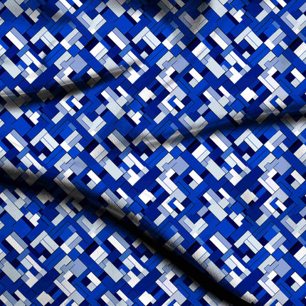 cobalt blue geometric fabric detail — textured finish digital print closeup