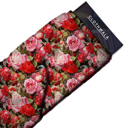 scarlet red floral all-over print pattern — medium scale repeat layout