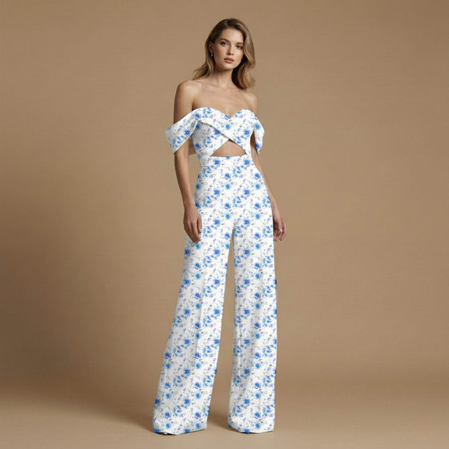 sky blue floral print fabric draped — palazzo suit styling