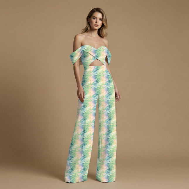 seafoam green abstract print fabric draped — maxi dress styling