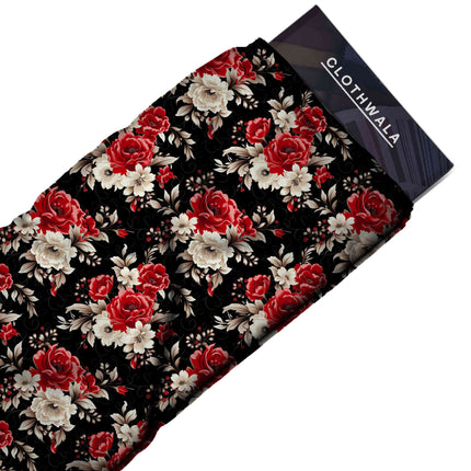 crimson red floral all-over print pattern — medium scale repeat layout