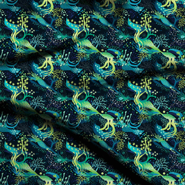 Midnight Blue Abstract Bioluminescent Seaweed And Coral Print Fabric