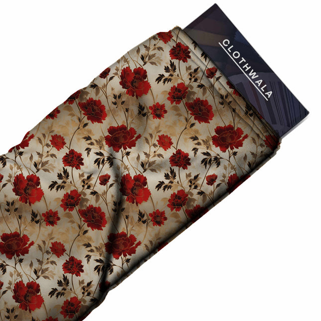 crimson red floral print fabric draped — saree styling
