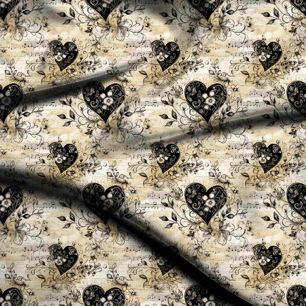 Jet Black Romantic Floral Hearts Print Fabric