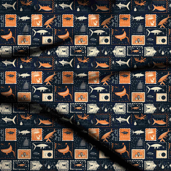 Midnight Blue Whimsical marine life postage stamp Palazzo Suit Fabric