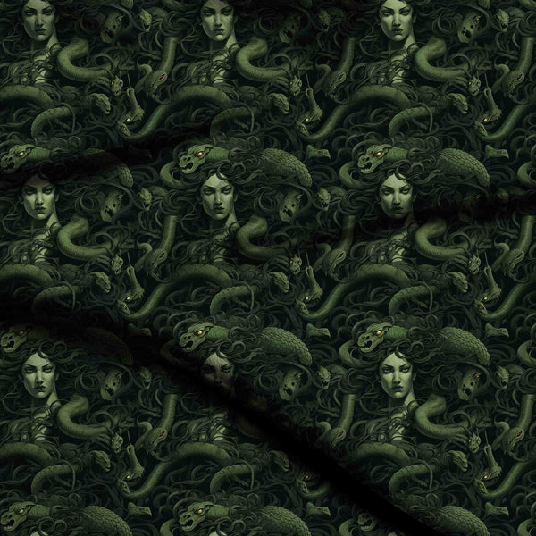 Forest Green Dense Mythological Medusa And Intertwined Print Fabric
