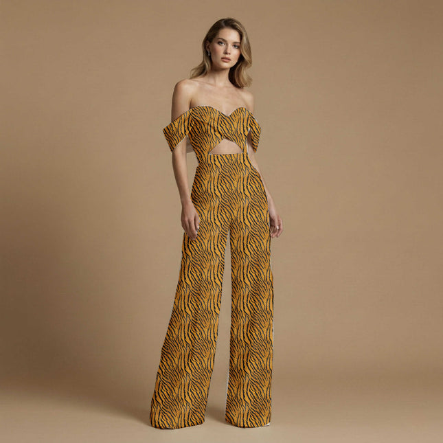 marigold orange animal print fabric draped — kaftan styling