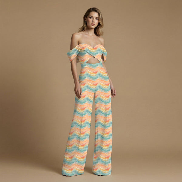 Peach Abstract Wavy Layered Landscape Print Fabric