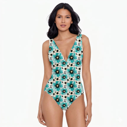 Teal Blue Floral Digital Print Fabric for Dress | Abstract Luxe Wear - Image 5