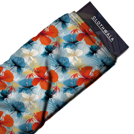 vermilion tropical print fabric draped — palazzo suit styling