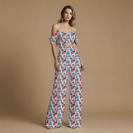 teal abstract print fabric draped — jumpsuit styling
