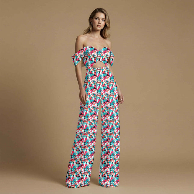 teal abstract print fabric draped — jumpsuit styling