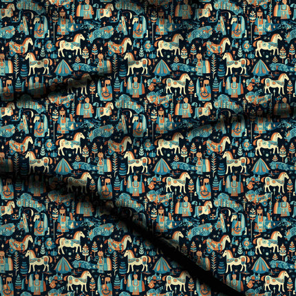 teal ethnic digital print fabric texture — medium scale closeup