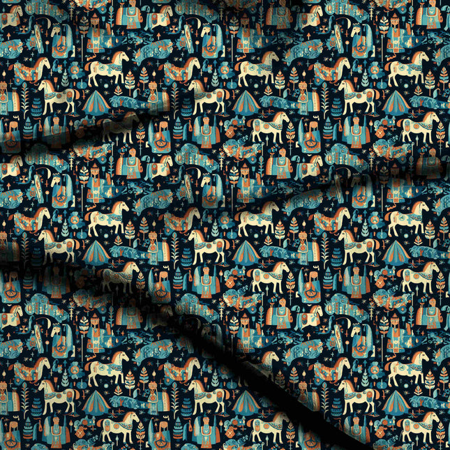 teal ethnic digital print fabric texture — medium scale closeup