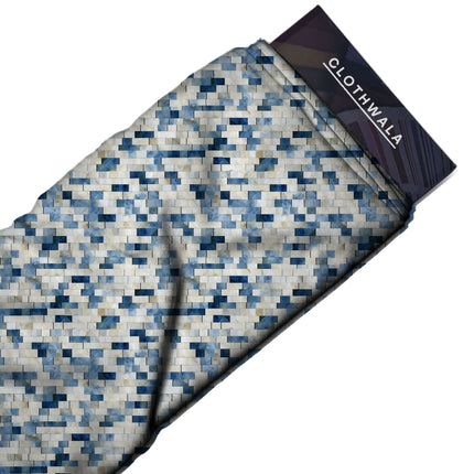 cobalt blue geometric all-over print pattern — medium scale repeat layout