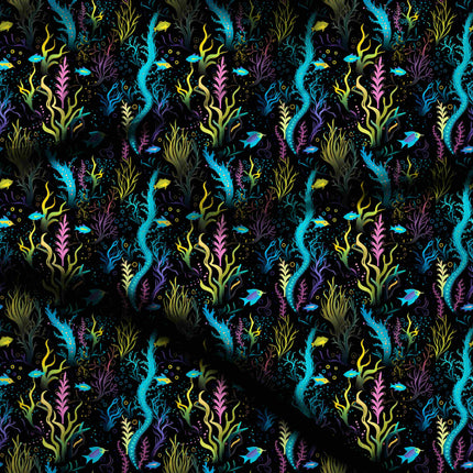cyan blue tropical digital print fabric texture — medium scale closeup
