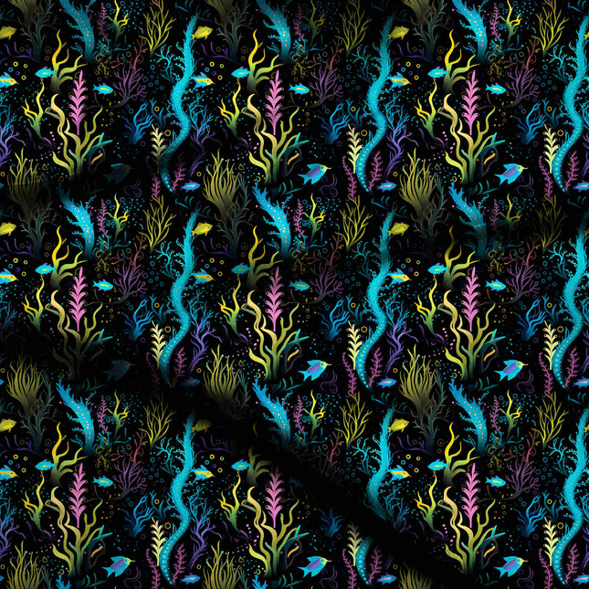 cyan blue tropical digital print fabric texture — medium scale closeup