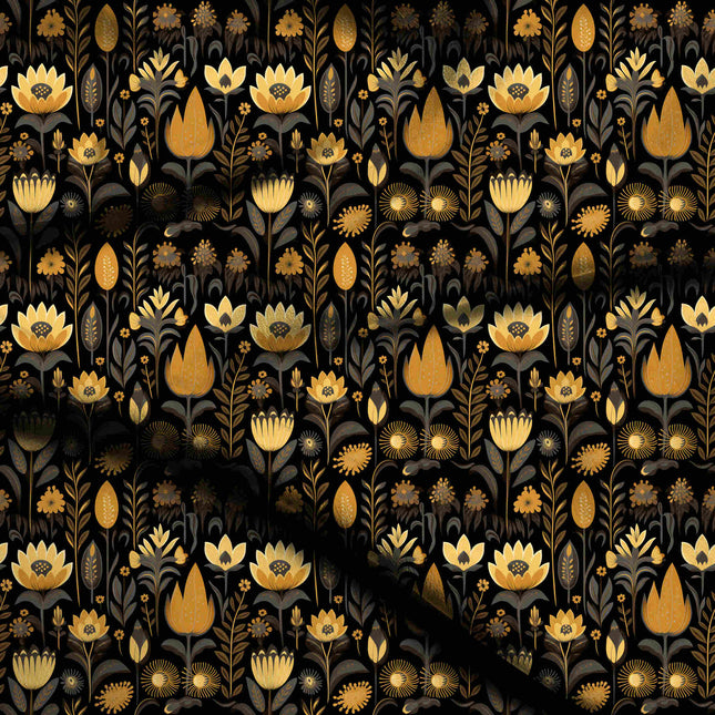 Black Floral Digital Print Fabric for Co-ord | Romantic Garden Party - 3189