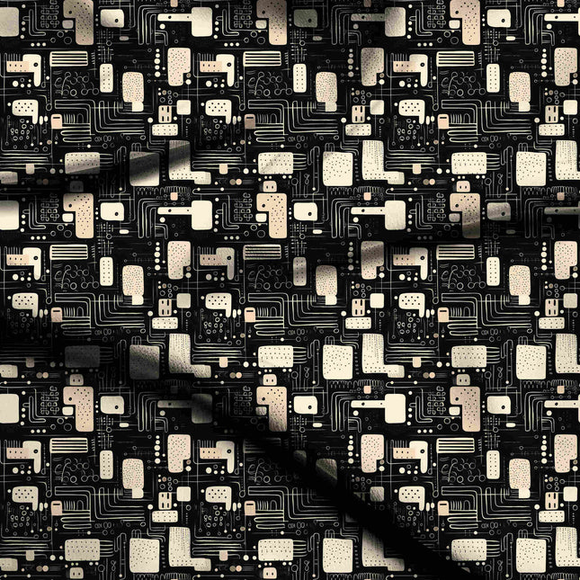 jet black abstract digital print fabric texture — medium scale closeup