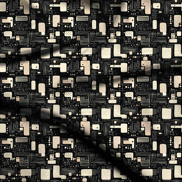 Jet Black Abstract Hand-drawn Futuristic Circuit Board Print Fabric