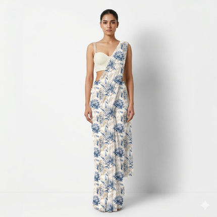 Ivory Cream Floral Digital Print Fabric for Palazzo Pants | Festive ethnic wear - Image 7