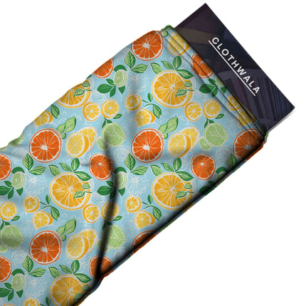 tangerine orange tropical print fabric draped — palazzo pants styling