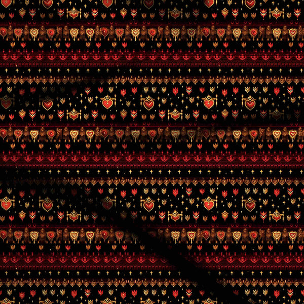 Black Ornate Sacred Heart Motifs Print Fabric