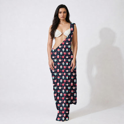 Navy Blue Floral Digital Print Fabric for Maxi | Opulent Festive Wear - Image 6