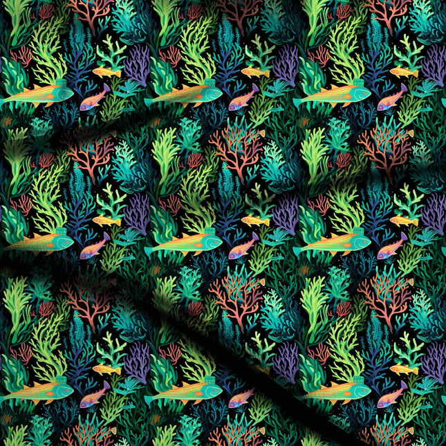 Forest Green Tropical Digital Print Fabric | Kaftan Dress Maxi | Beach Wear | Ink wash portraits | Poly Chiffon Print - 1656