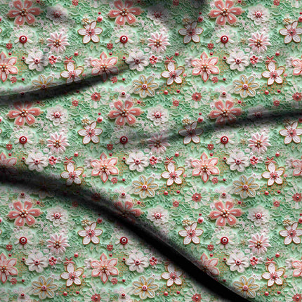 mint green floral digital print fabric texture — medium scale closeup