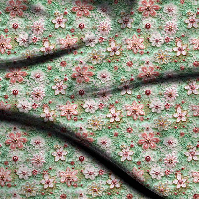 mint green floral digital print fabric texture — medium scale closeup